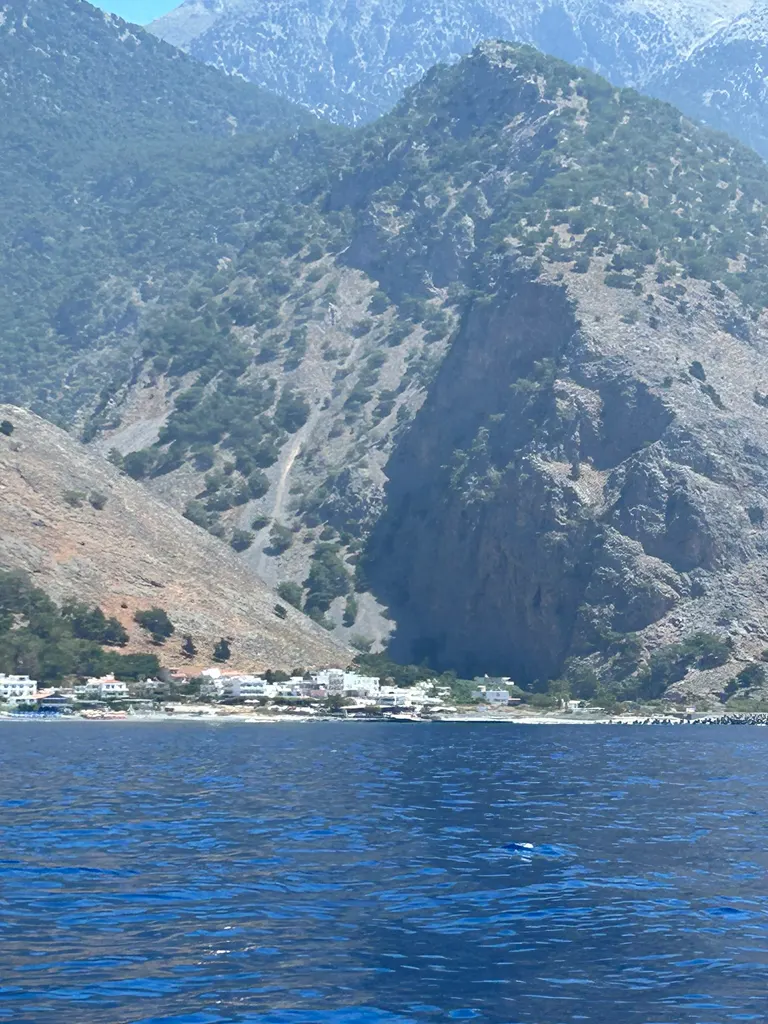 Coastal panorama overlooking the bay and the unique village settlement of Agia Roumeli, Crete.